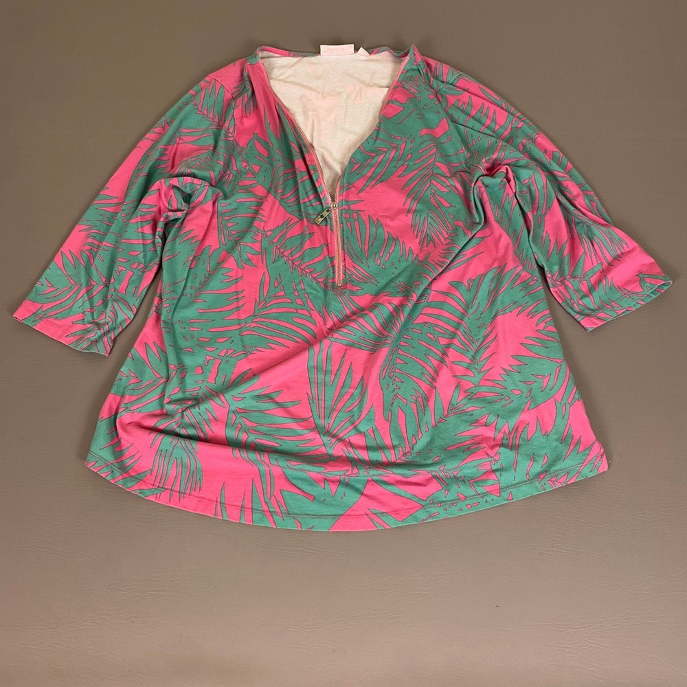 Belle by Kim Gravel Tunic 2X Pink Green Palm Leaf Tropical Zip V-Neck 3/4 Sleeve